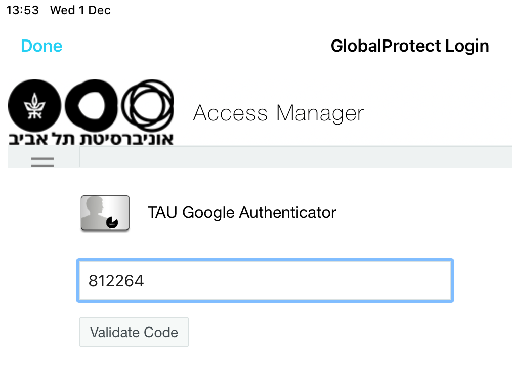 Enter the password from the Google Authenticator app and tap on Validate Code